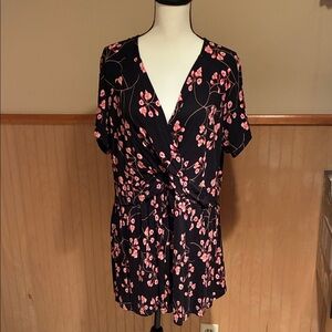 Amazon Essentials Black and Pink Floral Wrap Blouse